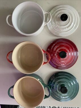 Le Creuset Trio of Petite Cocottes in White, Red & Teal
